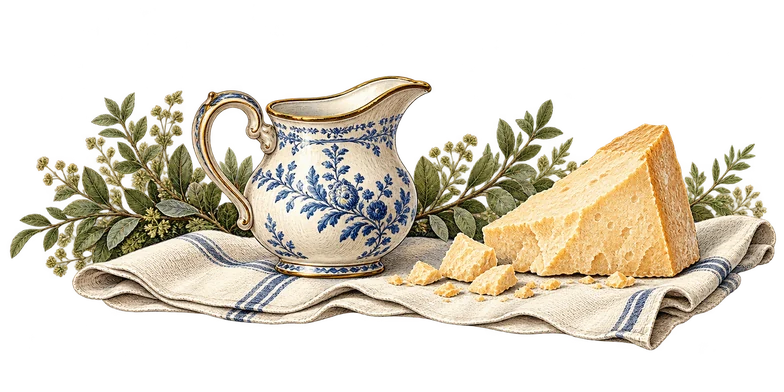 Фарфоровый сливочник и кусок сыра на льняной салфетке. Гравюра.